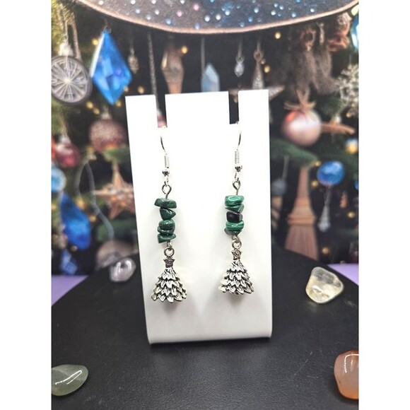 Malachite Chips Christmas Tree Charm Gemstone Festive Earrings - Picture 6 of 6